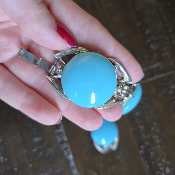 Vintage Plastic Link Bracelet Blue Silver Tone Mod Retro Chunky MCM 8" - Picture 2 of 5